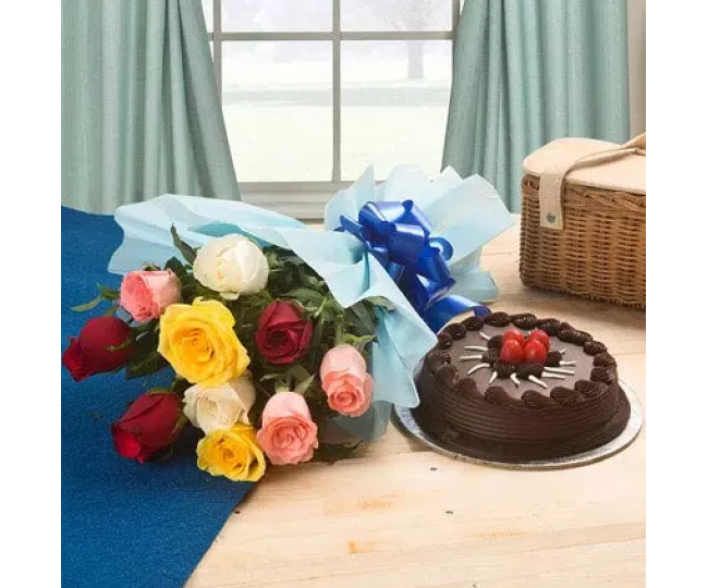 Roses and half kg Chocolate Truffle cake Combo
