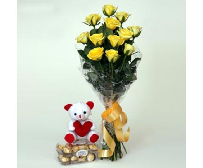 Beauty and Grace - Long Stem yellow Roses, Teddy and Ferrero Rocher chocolates