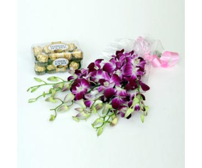 Orchids N Chocolates - Blue/Purple Orchids with Ferrero Chocolate