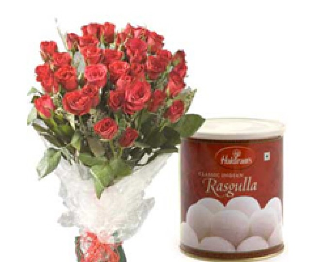 Love In Bloom - Red Roses Bouquet with 1 kg Rasagulla