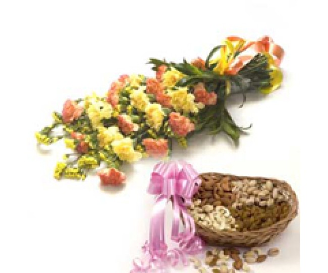 Magical Love - Yellow and Orange Carnations with Half kg mix dry fruits