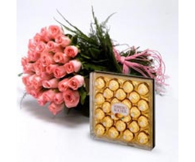 Roses With Chocolates - Pink Roses Bouquet with Ferrero Chocolates box