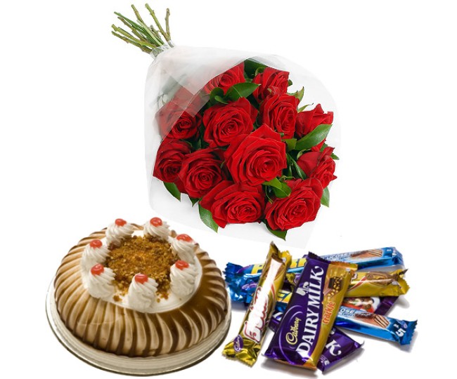 Happiness Bouquet - Red Roses, Chocolate and Half kg blackforest cake