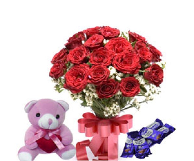 Red Beauty - Red Roses, Teddy and Chocolate