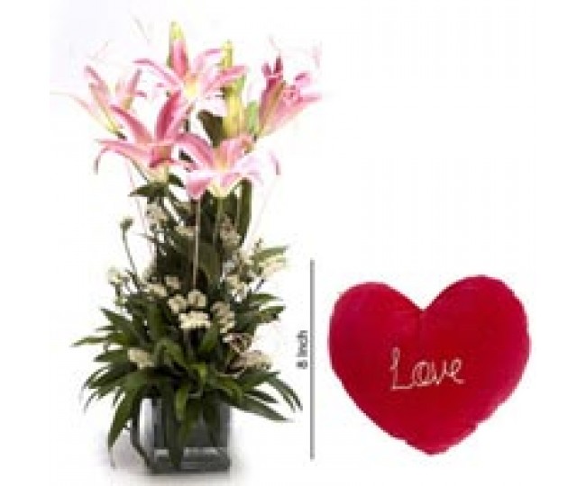 Symbolizes Purity - Pink lillies in vase and Heart shape cushion