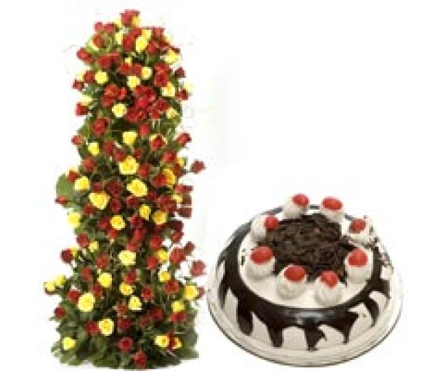 Unlimited Love - Red-Yellow Roses 1 kg Black Forest Cake