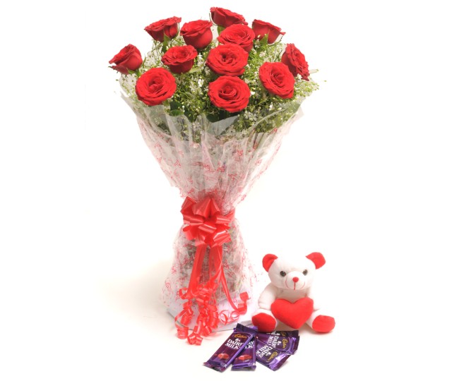 Perfect Love - Red Roses boquet with Small Teddy and chocolates