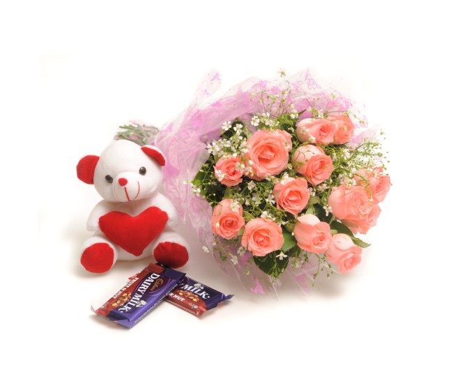 Elegance In Style - Baby Pink Roses with Teddy