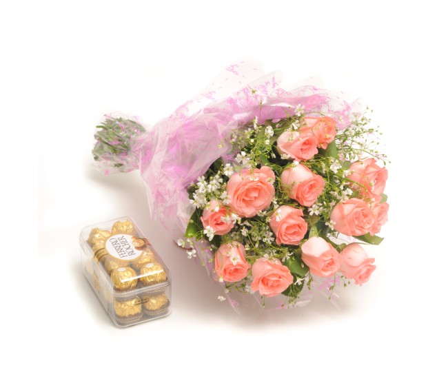 Simple Elegance - Baby Pink Roses with Ferrero Rocher