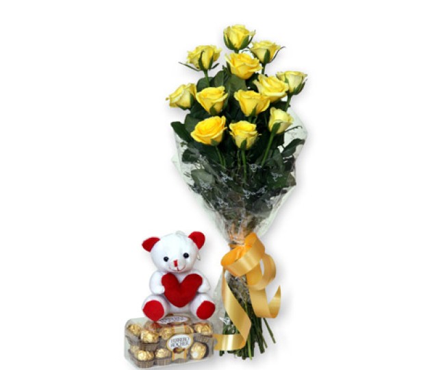 Care Express - Long stem Yellow Roses, Teddy and Ferrero chocolates