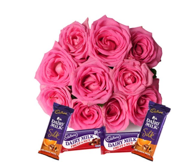 Blushing Roses - Pink Roses with Dairy milk Chocolates