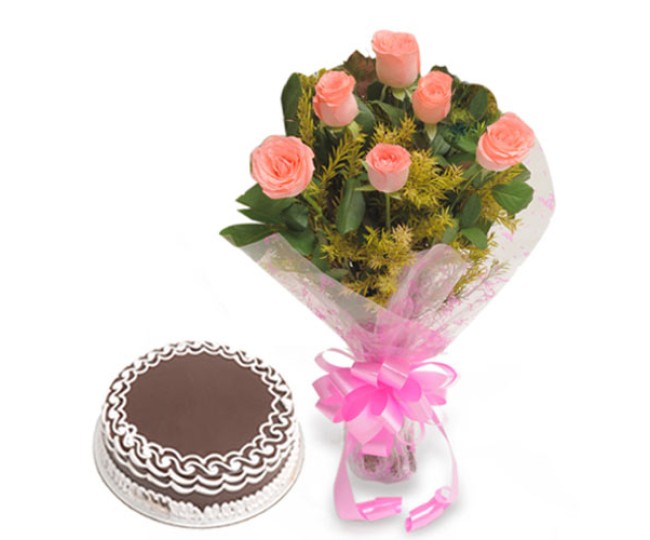 From The Heart - Pink Roses with half kg Chocolate cake