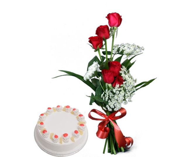 Delightful Divine - Red Roses with half Kg pineapple cake