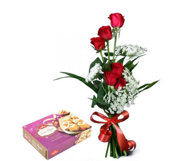 Blooming Love - Red Roses with Soan Papdi Half kg