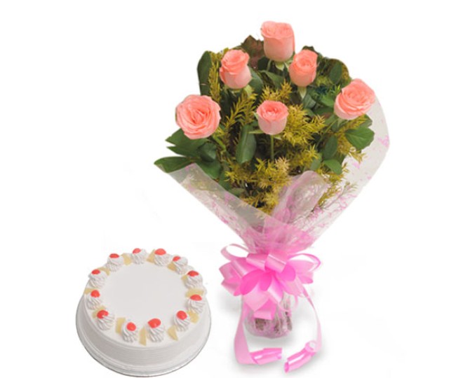 Elegant Wishes - Pink Roses with Half kg Pineapple cake
