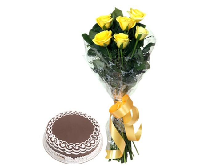 Starburst - Yellow Roses with Half kg Chocolate cake