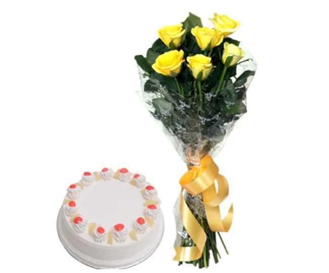 Spectacular - Yellow Roses with Half kg Pineapple cake