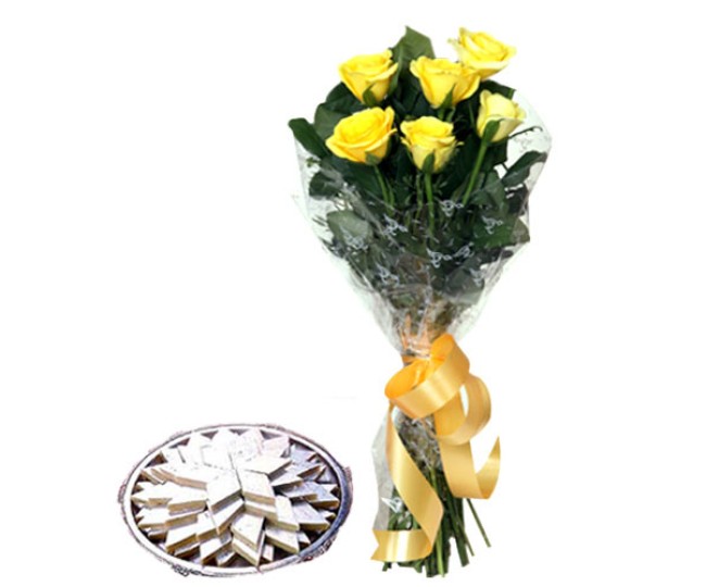 Yellow Roses N Kaju Katli half kg