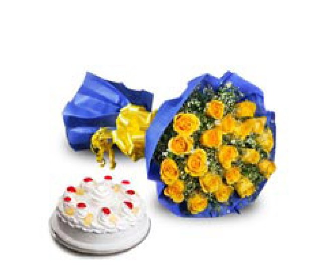 Golden Moments - Yellow Roses with Half kg Pineapple cake