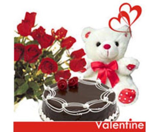 Valentine Love Treat - Red Roses, Teddy & Chocolates