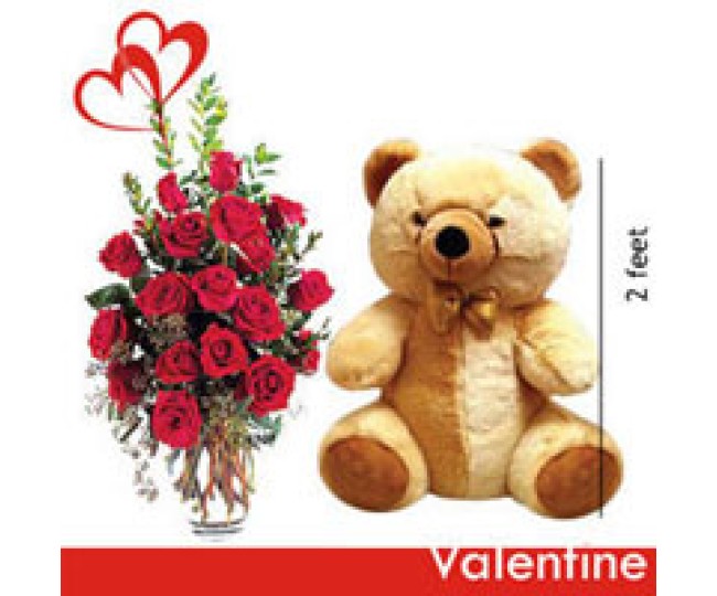 Hug for my valentine - Big Teddy and Red Roses Bouquet