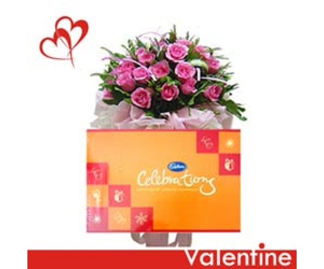 Glorious Love - Pink Roses with cadbury celebration box