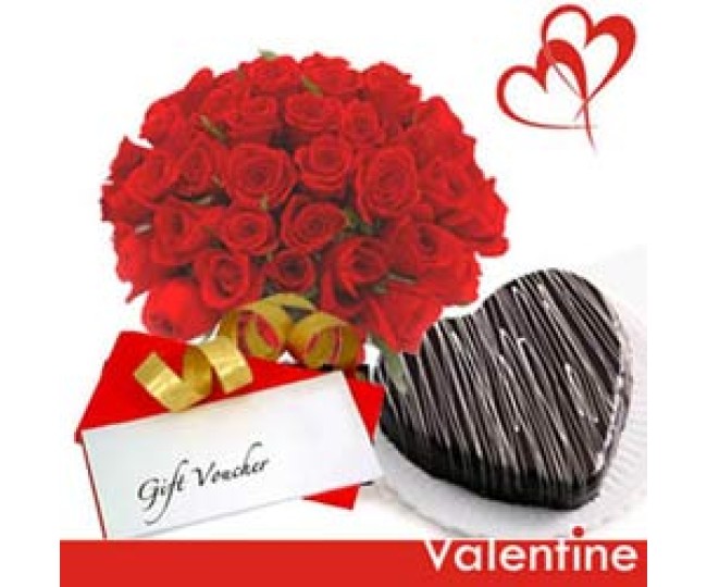 Little Treasure - Red Roses bunch and 1 Kg Hear shape chocolate cake