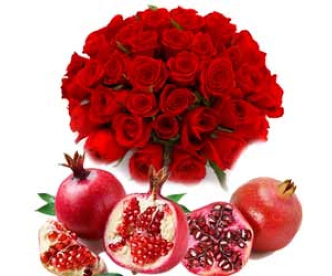 Fresh and Fruity - Red Roses with Red Pomegranate